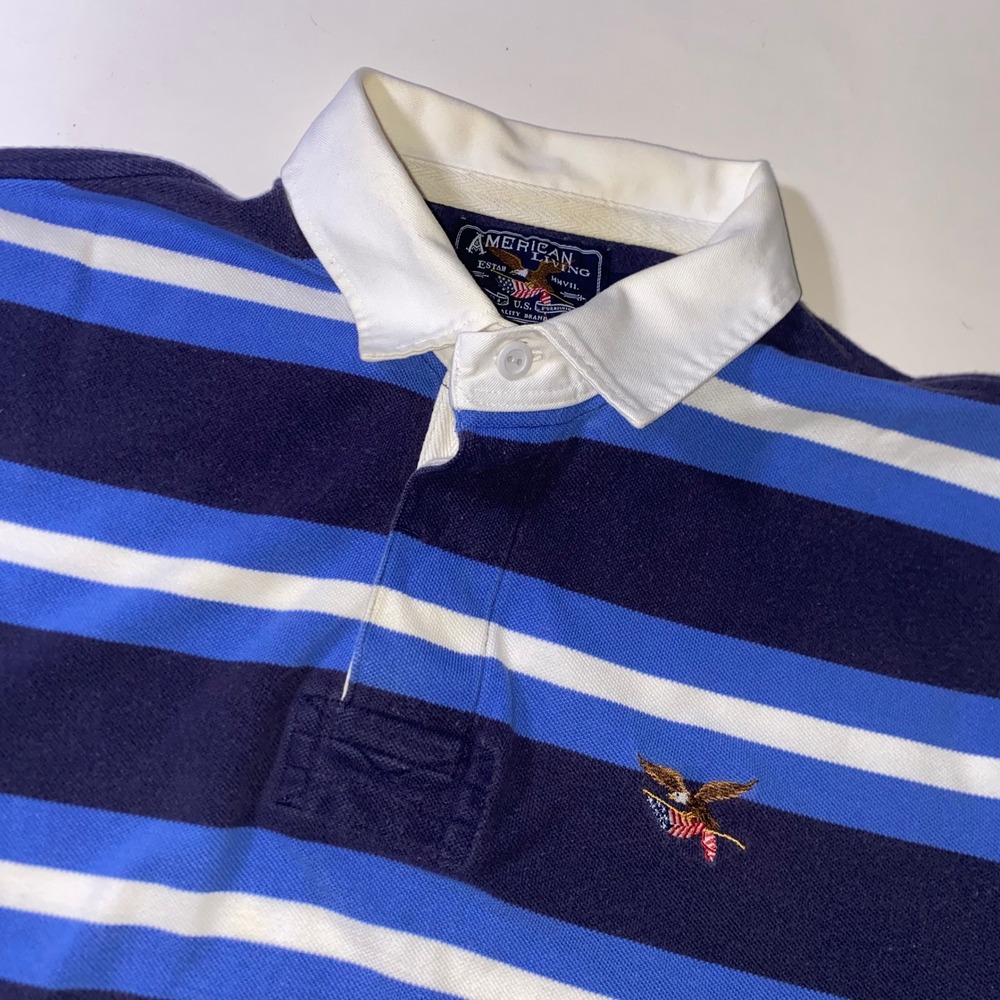 American Living Mens Rugby Polo Shirt Blue White Striped Eagle Embroidered L